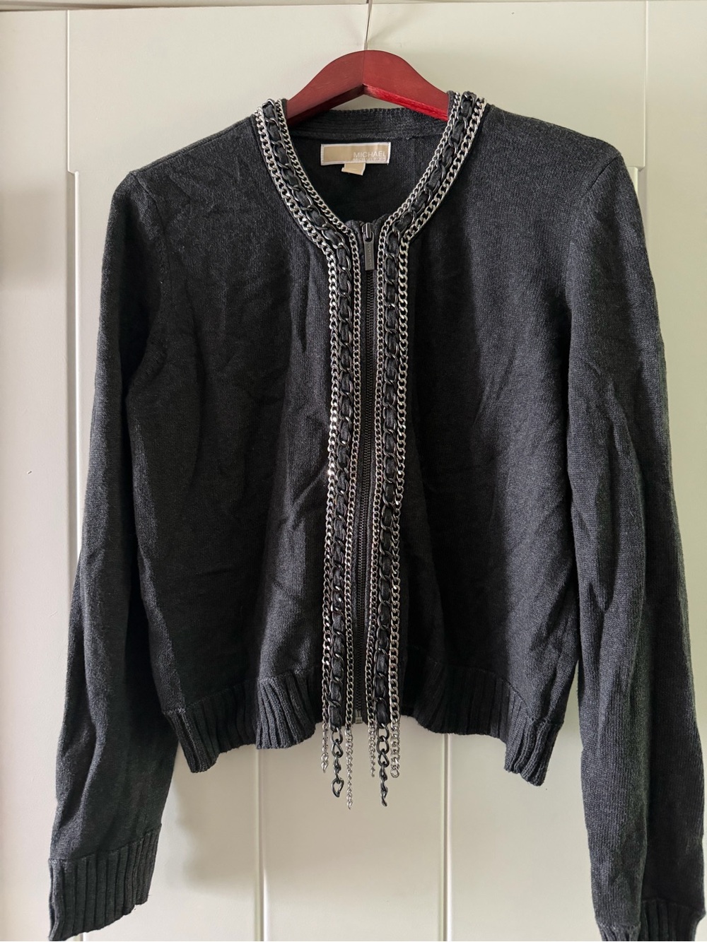 Michael Kors Charcoal Chain-Trim Knit Zip Up Cardigan XL